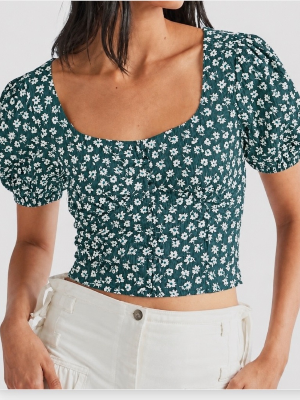 Free‎ People Cottagecore Boho Daisy Chain Puff Sleeve Crop Top Green/Teal Size M